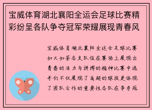 宝威体育湖北襄阳全运会足球比赛精彩纷呈各队争夺冠军荣耀展现青春风采