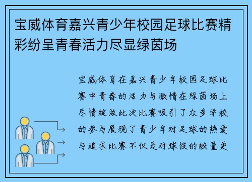 宝威体育嘉兴青少年校园足球比赛精彩纷呈青春活力尽显绿茵场