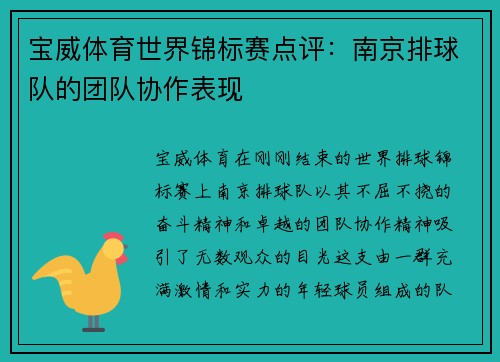 宝威体育世界锦标赛点评：南京排球队的团队协作表现